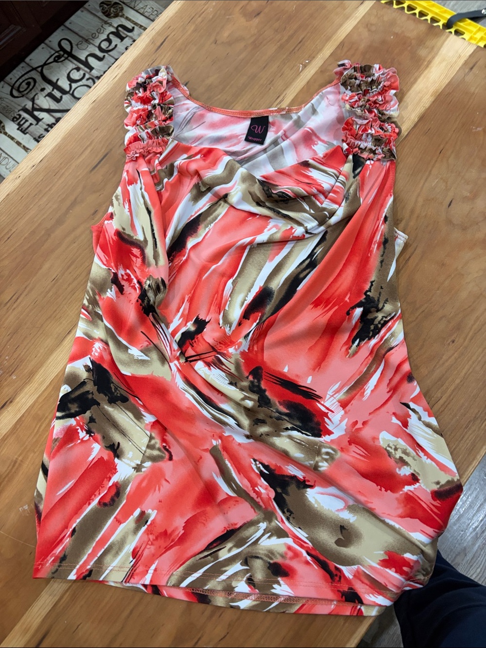 Wrangler Coral, Tan & Black Abstract Sleeveless Ruffled Shoulder Top